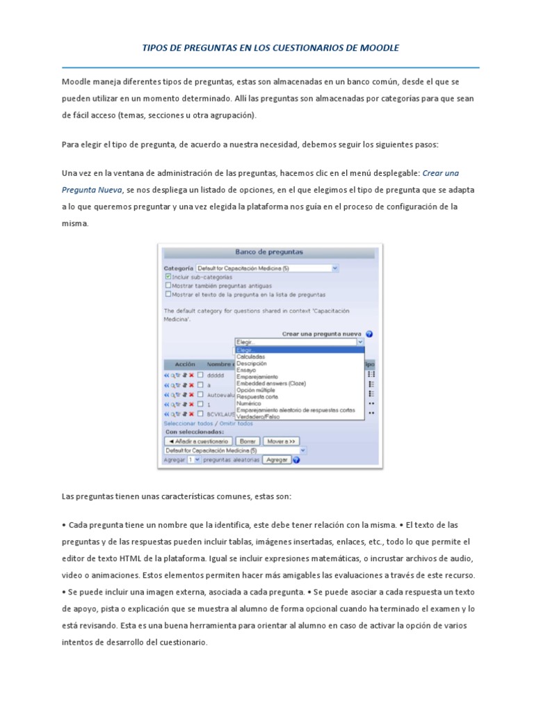 Tipos de Preguntas en Los Cuestionarios de Moodle Moodle