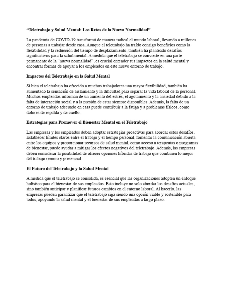 Teletrabajo y Salud Mental - Los Retos de La Nueva Normalidad | PDF