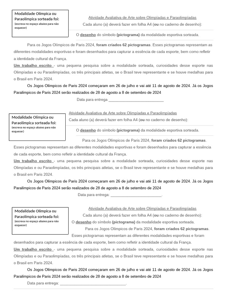 Atividade Avaliativa De Arte Sobre Olimp Adas E Paraolimp Adas Data De