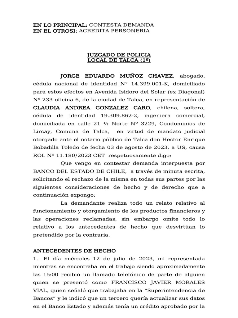 1CONTESTA Demanda Ley 20009 | PDF | Bancos | Derecho