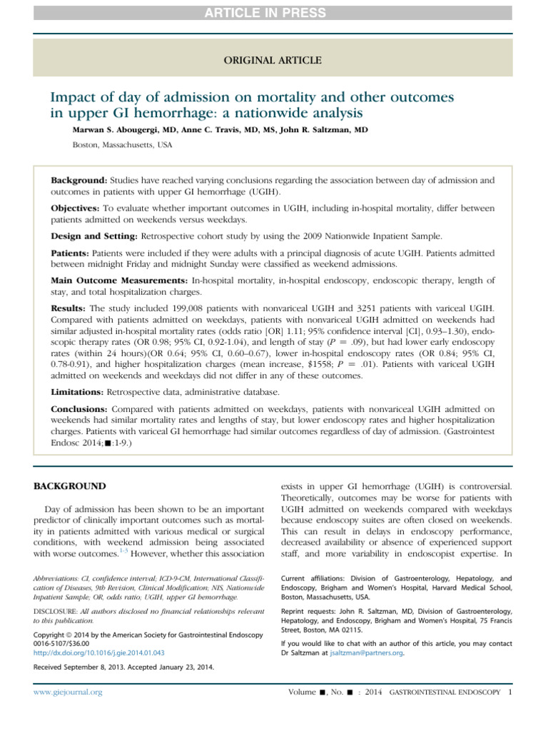 Impact of Day of Admission On Mortality and Other Outcomes in Upper GI ...