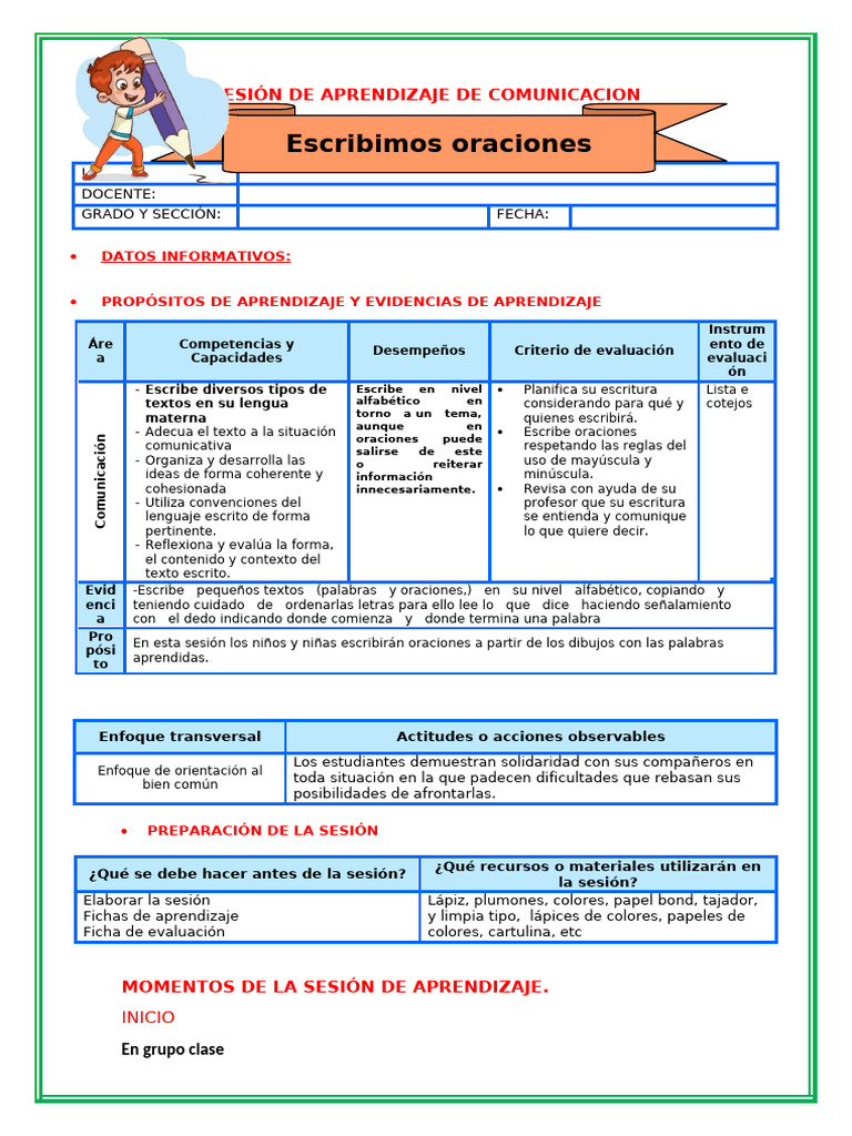 SESIÓN Escribimos Oraciones | PDF