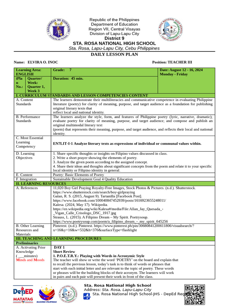 Grade 7 Poetry Lesson Plan: Tartanilla | PDF | Poetry | Language Arts ...