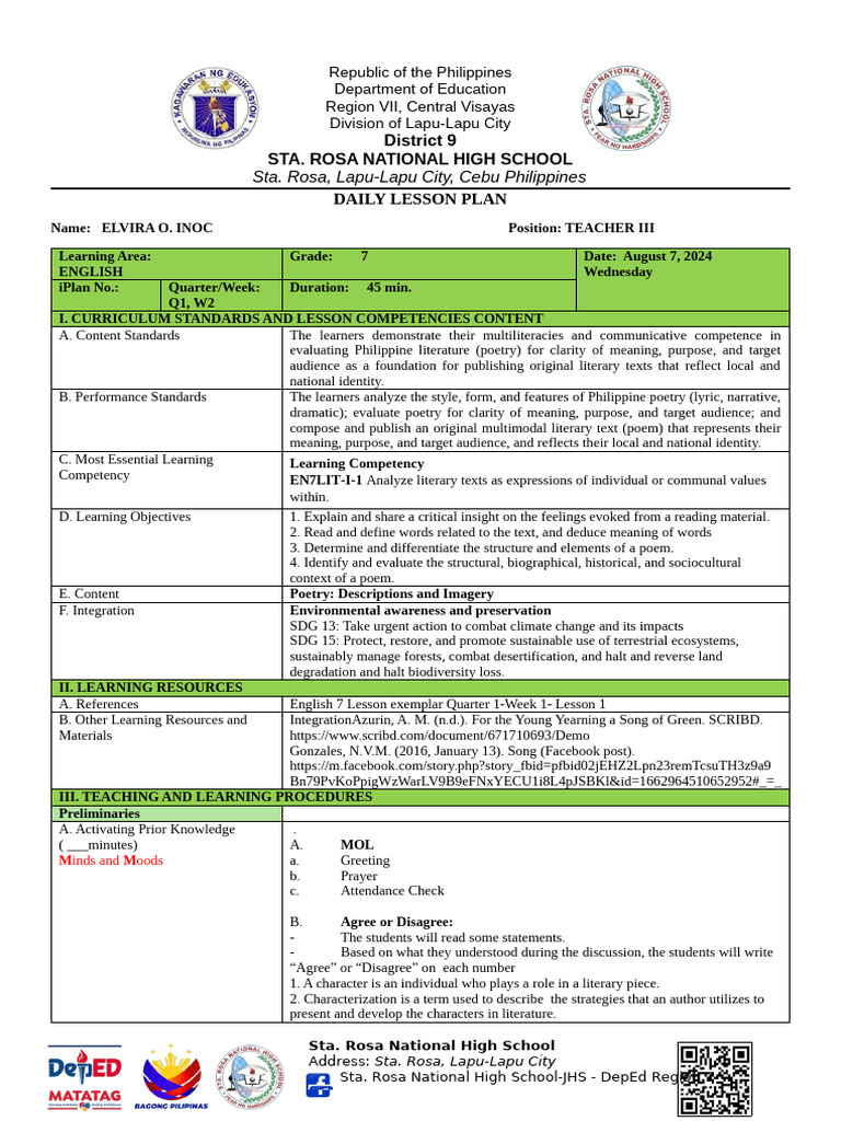 Grade 7 Poetry Elements Lesson Plan | PDF | Poetry