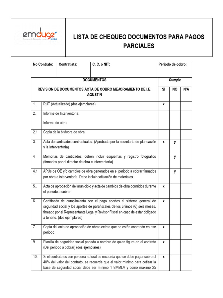 Lista de Chequeo Pagos Parciales | PDF
