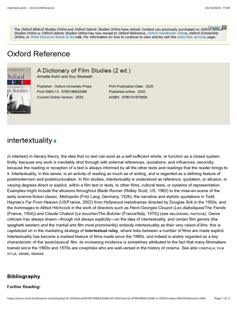 Intertextuality - Oxford Reference | PDF