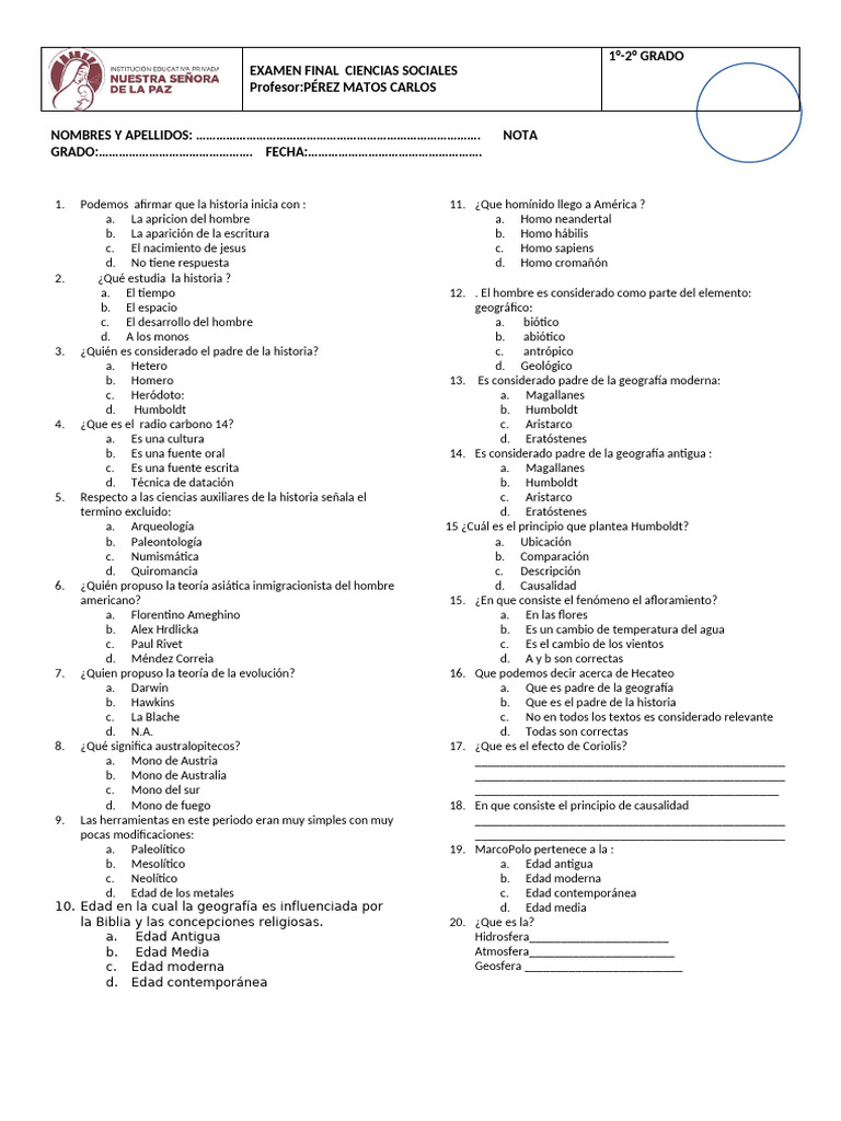 Examen Final de Ciencias Sociales 1°-2° Grado | PDF