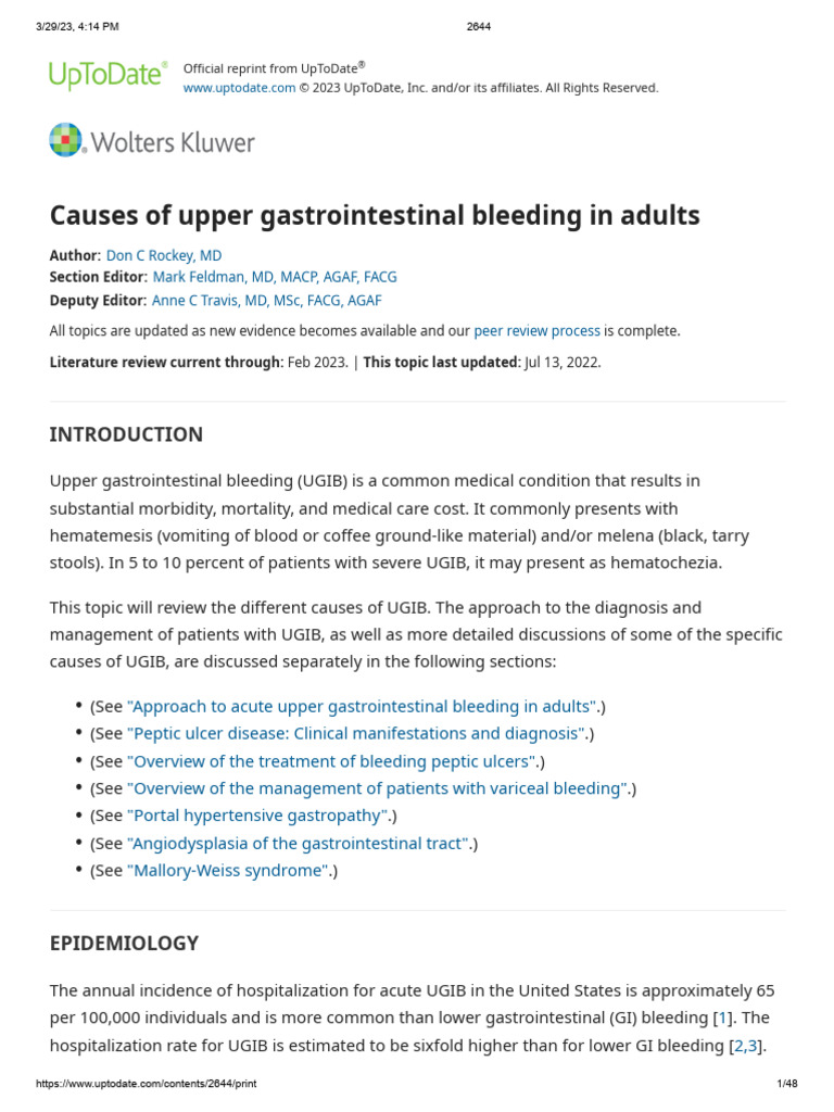 Causes of Upper Gastrointestinal Bleeding in Adults - UPToDate 2023 | PDF