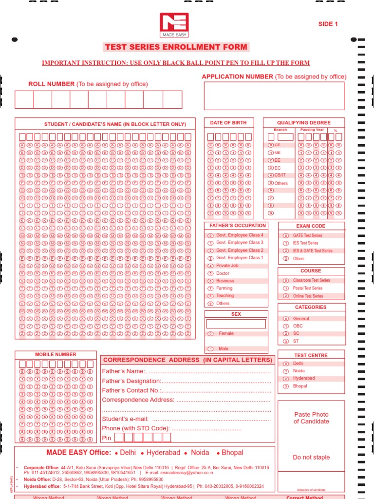 Test Series Enrollment Form: Side 1 | PDF | University And College ...