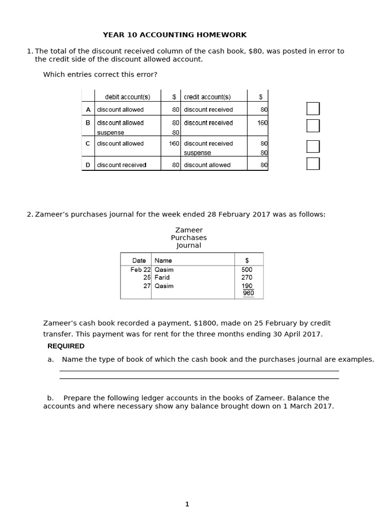 Year 10 - Cashbook Accounting Homework | PDF | Banks | Law