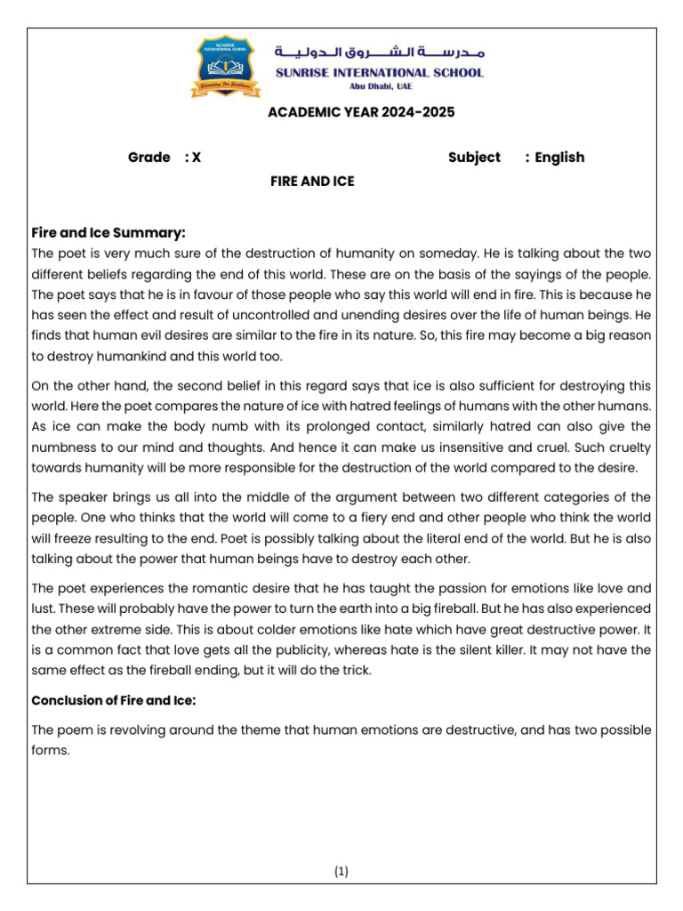Notes - Fire and Ice (Poem) | PDF