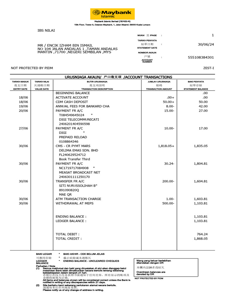 Ibs Nilai 1 30/06/24: Maybank Islamic Berhad (787435-M) | PDF