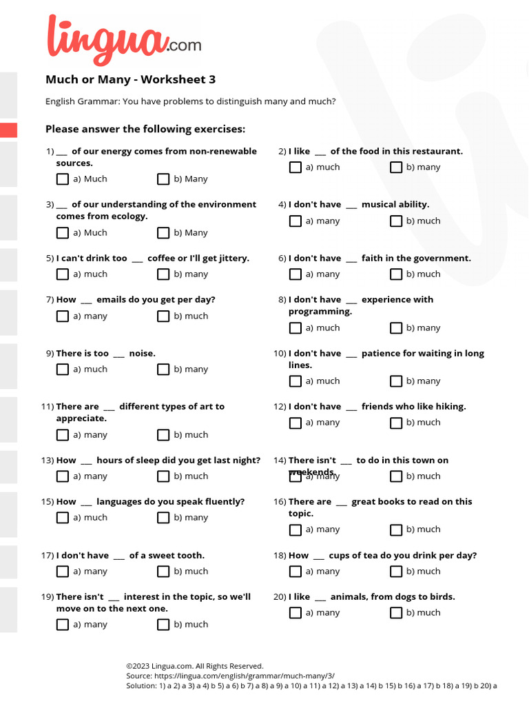 Much or Many - Worksheet 3: Please Answer The Following Exercises | PDF