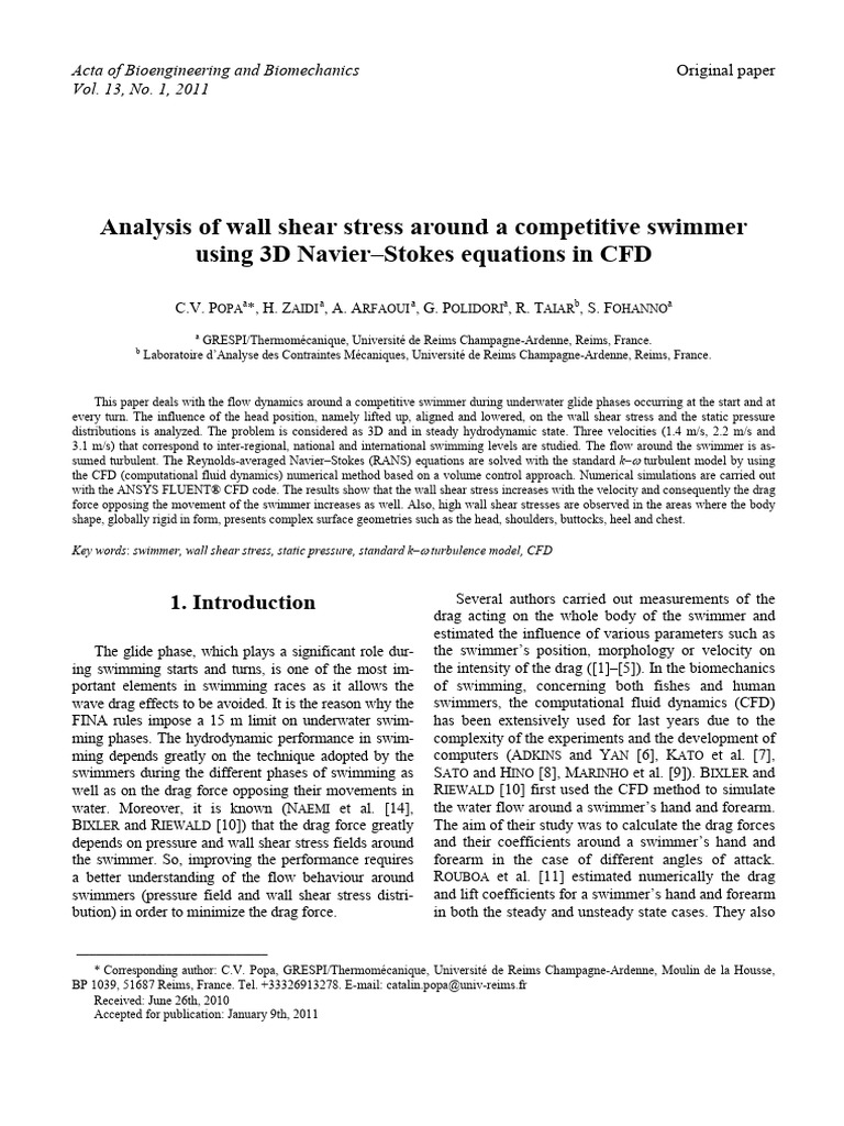 Analysis of Wall Shear Stress Around A Competitive Swimmer Using 3D ...