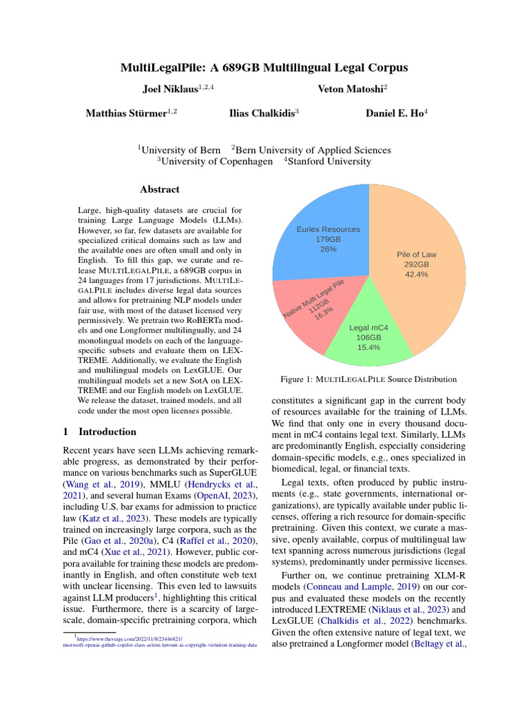 Multilegalpile: A 689Gb Multilingual Legal Corpus | PDF