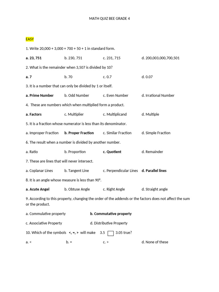 Math Quiz Bee Grade 4 | PDF