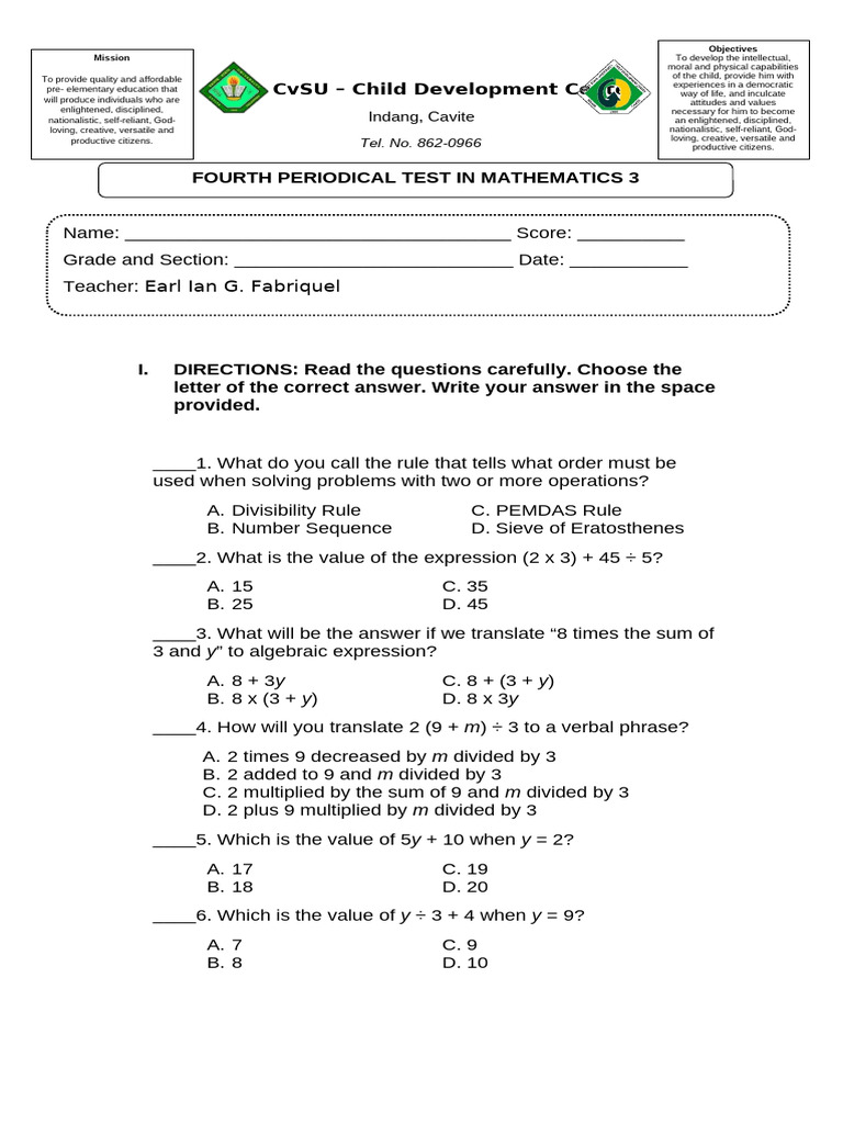 4th Periodical Test Math3 Pdf
