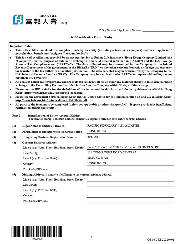 Entity Self-Certification Form for FATCA | PDF | Global Forum On ...