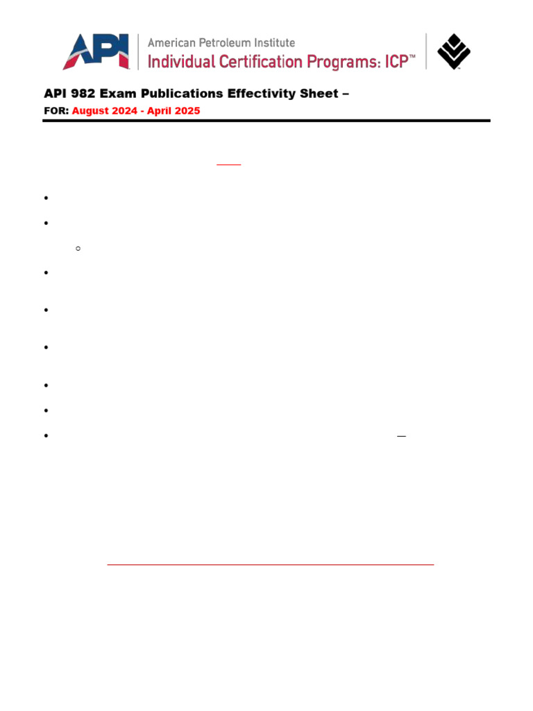 API 982 Exam Publications Effectivity Sheet: August 2024 - April 2025 | PDF