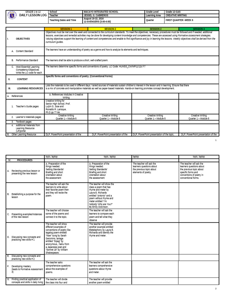 Grade 12 Creative Writing Lesson Plan | PDF | Poetry | Learning
