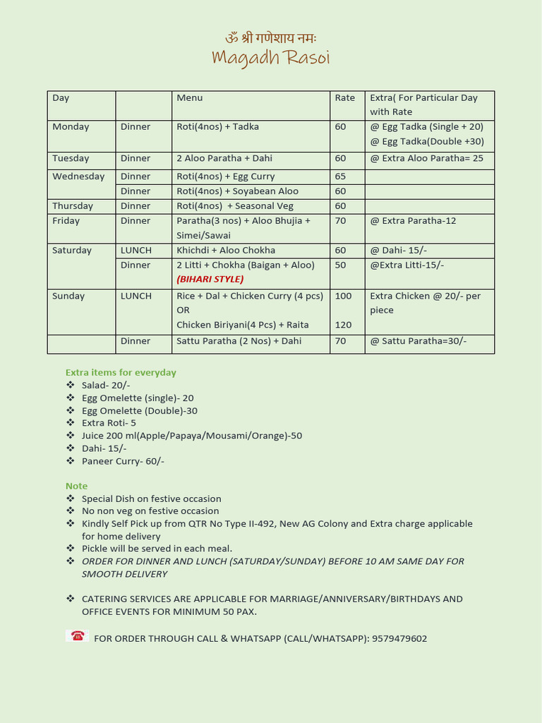 Magadh Rasoi Menu and Pricing Details | PDF