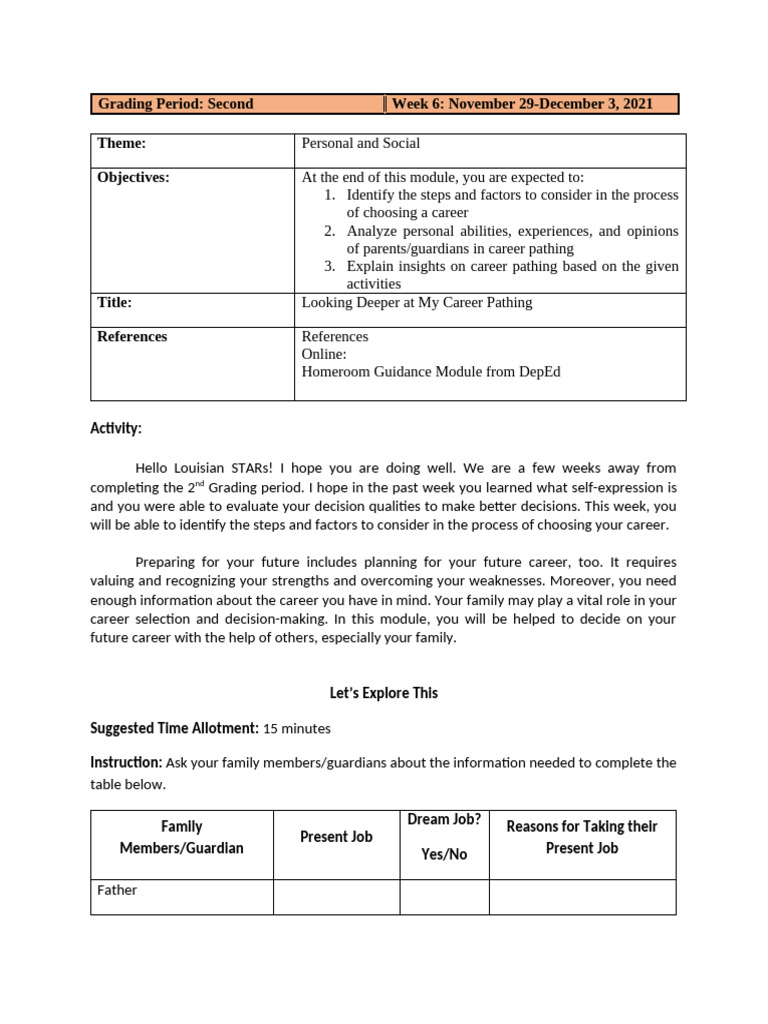 Week 7 Homeroom Guidance Performance Task | PDF