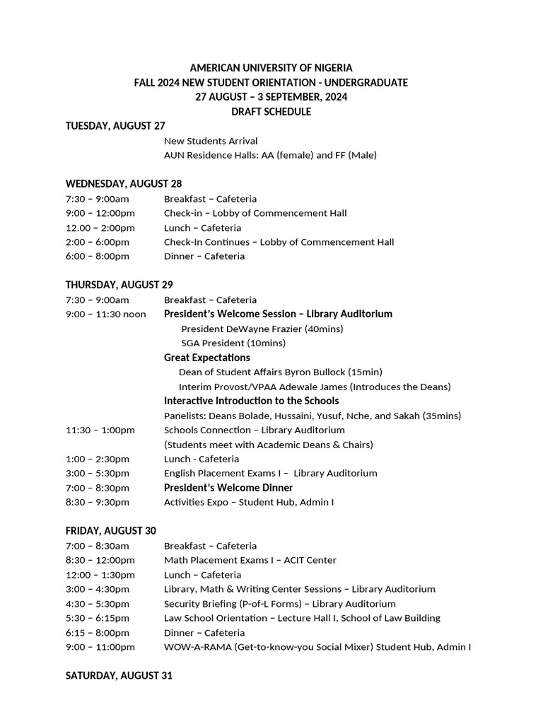 Fall 2024 New Student Orientation Schedule - DRAFT | PDF