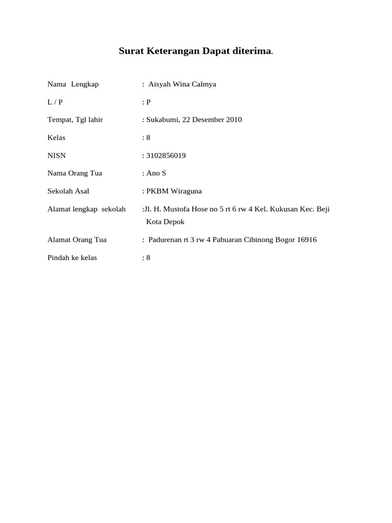 Surat Keterangan Diterima | PDF