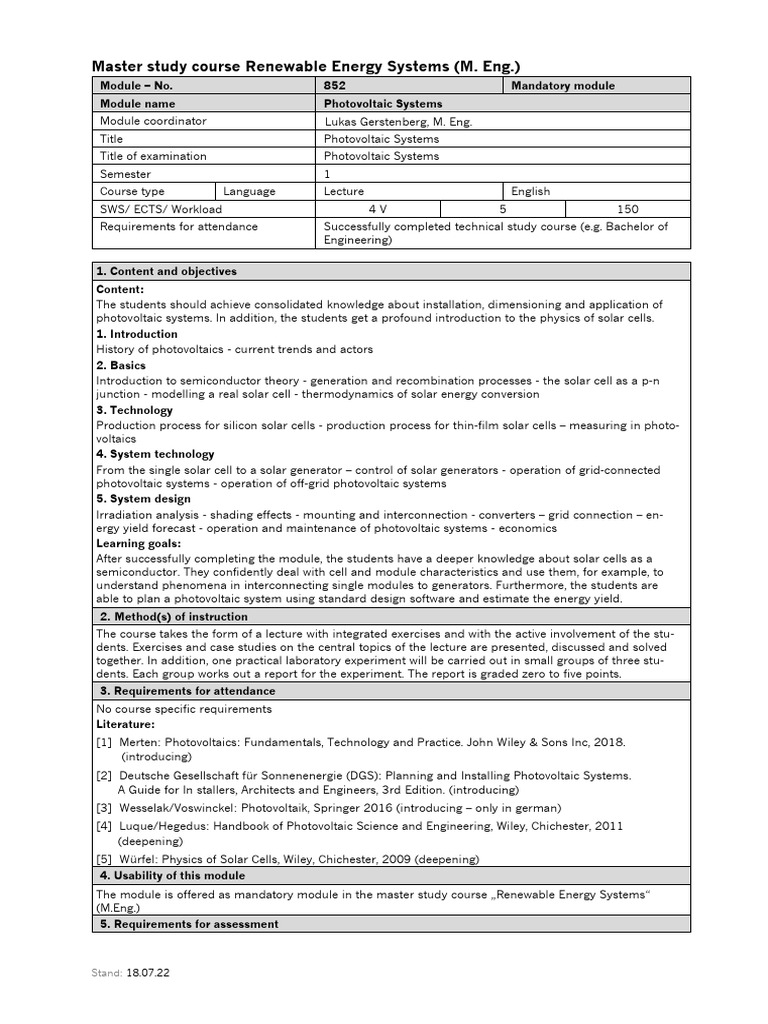 Master Study Course Renewable Energy Systems (M. Eng.) : Stand | PDF
