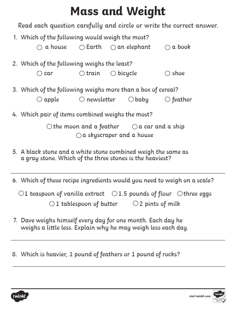 Comparing Weight and Mass Word Problems | PDF
