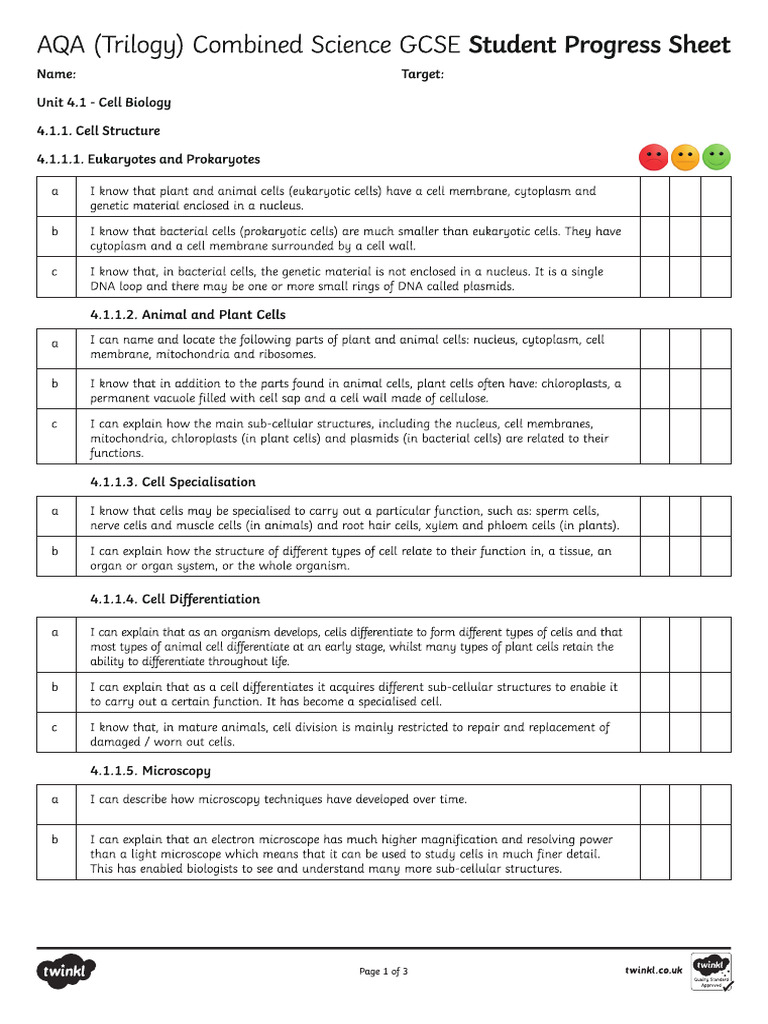AQA Trilogy Unit 41 Cell Biology Student Progress Sheet | PDF