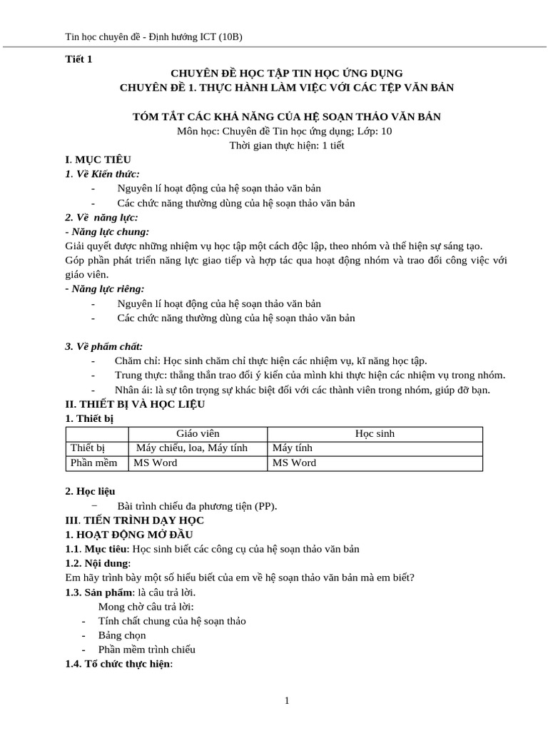 Tin hoc 10 chuyen de 1 tiet 1 2 phan mem soan thao van ban pdf