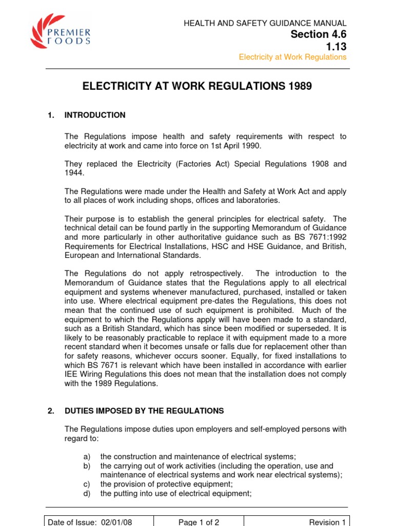 4.6 1.13 Electricity at Work Regulations 1989 Electricity Safety