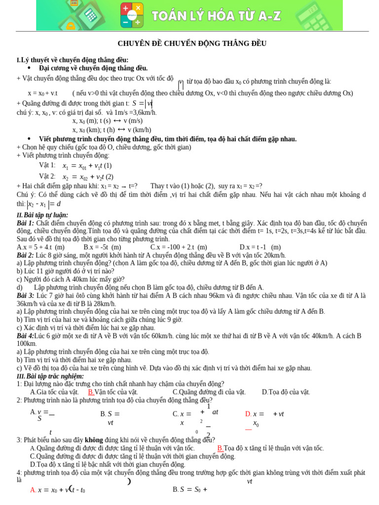 Chuyen de chuyen dong thang dieu mon vat ly lop 10 chuyen de chuyen