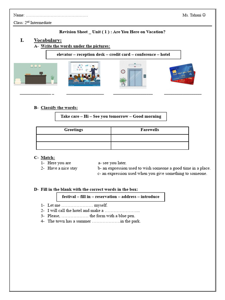 Revision Sheet 2nd Intermediate Unit 1 | PDF