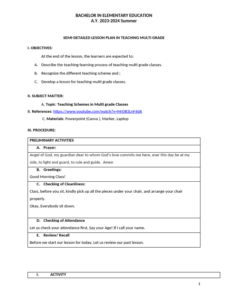 Teaching Schemes In Multi Grade Classes Lesson Plan Pdf Teachers