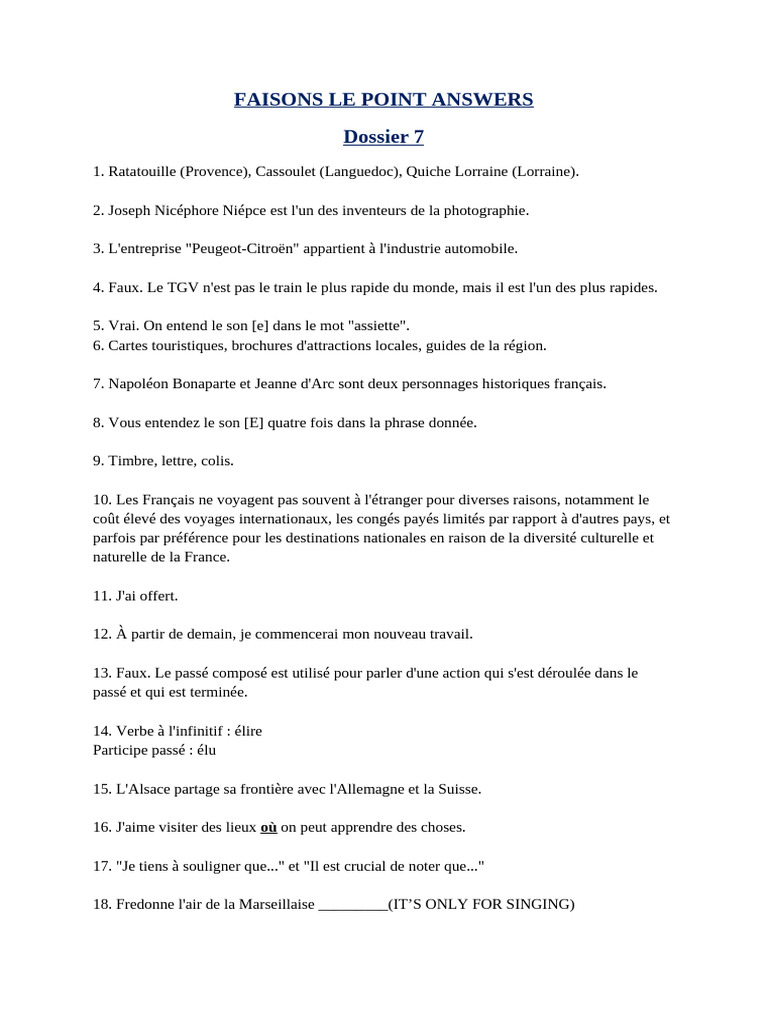 r21 Dossier 7,8 Faisons Le Point Answers | PDF