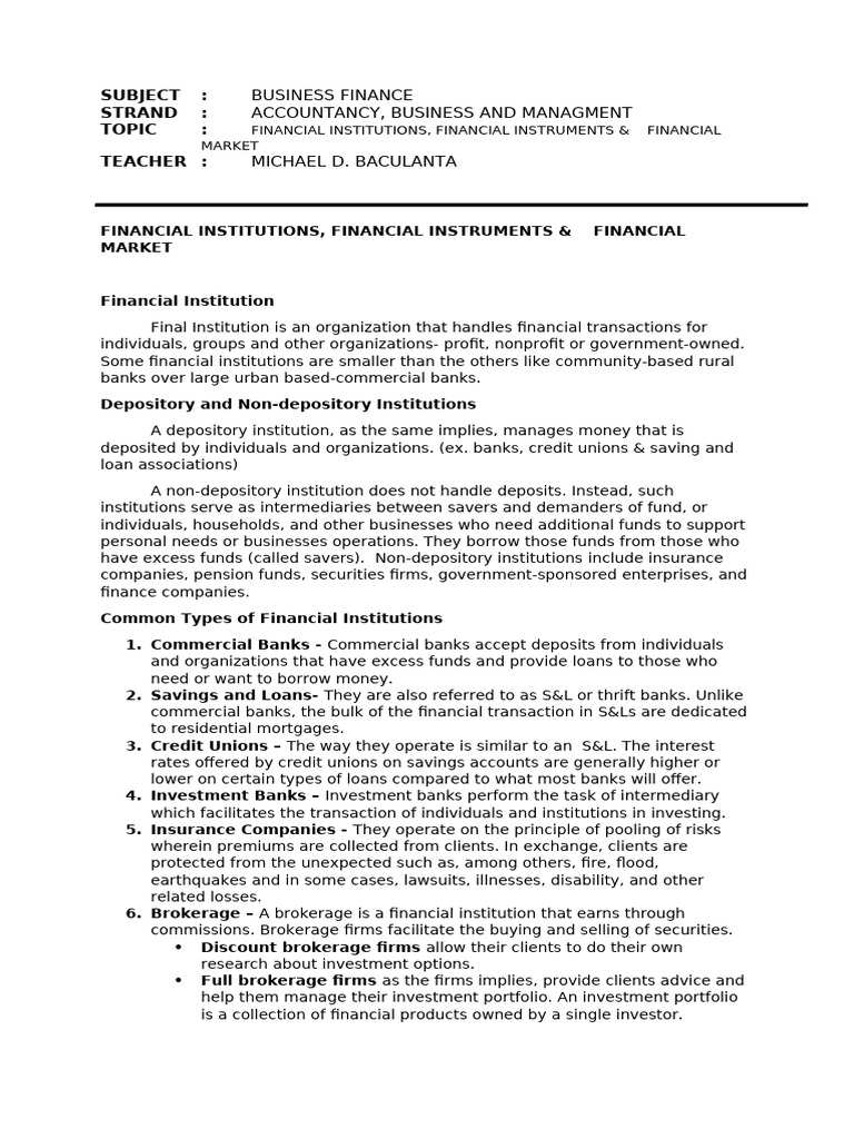 Financial Institutions Financial Instruments Financial Market | PDF