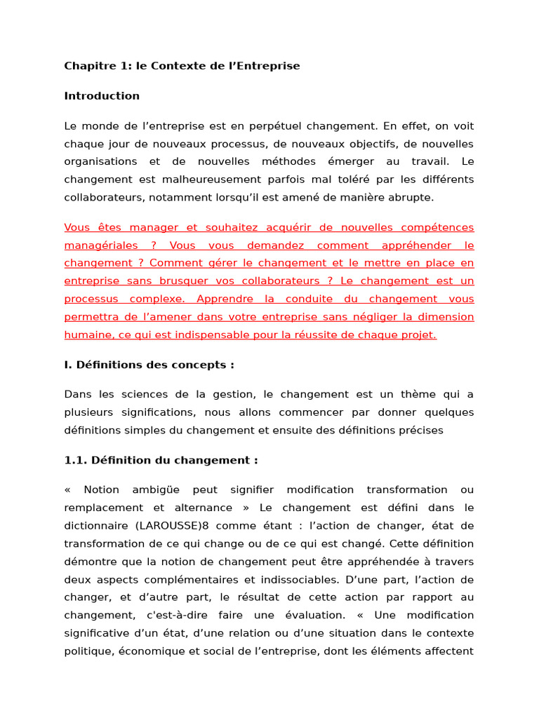 Conduite du Changement en Entreprise | PDF | Business | Évolution de ...