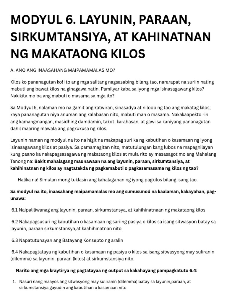 Modyul 6 Layunin Paraan Sirkumtansiya At Kahinatnan Ng Makataong