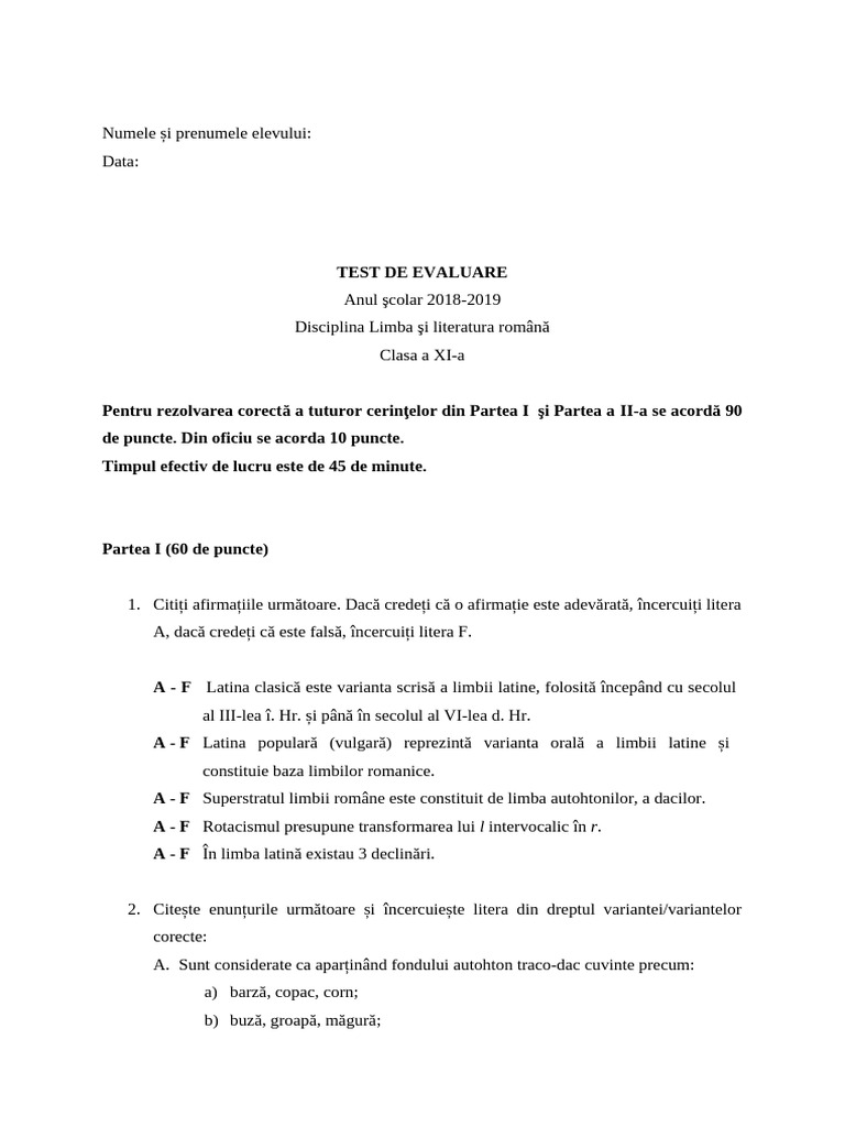 Test Clasa A XI | PDF