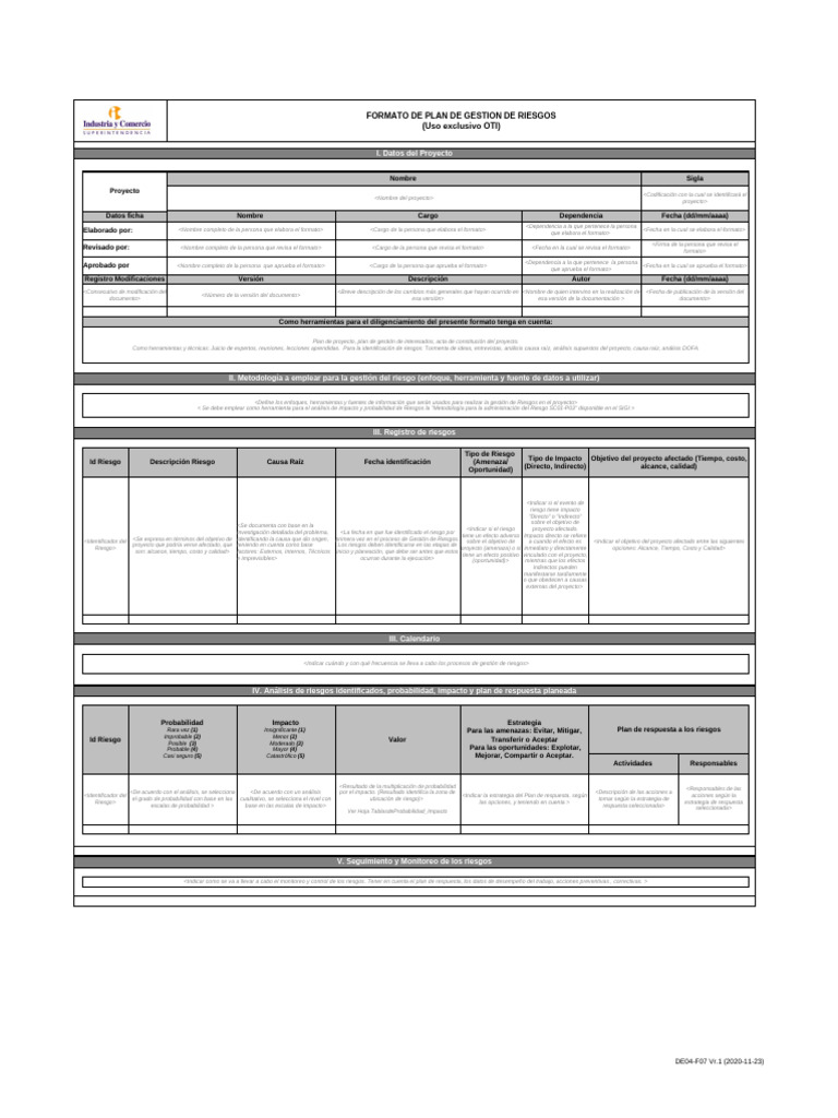De04-F07 Formato Plan de Gestion de Riesgos | PDF