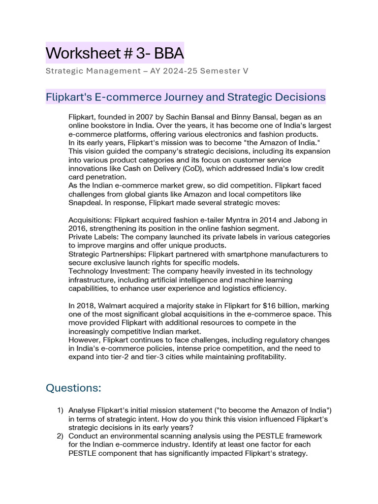 Worksheet # 3-BBA: Flipkart's E-Commerce Journey and Strategic ...