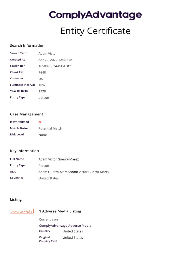 Entity - Certificate - Adam Victor | PDF