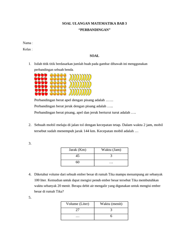 Soal Ulangan Matematika Bab 3 | PDF