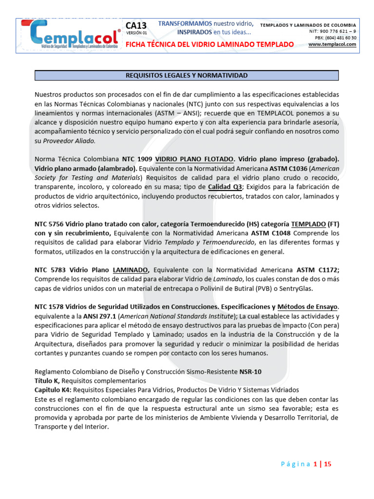 CA13 Ficha Técnica Del Vidrio Laminado Templado v1 - TEMPLACOL | PDF