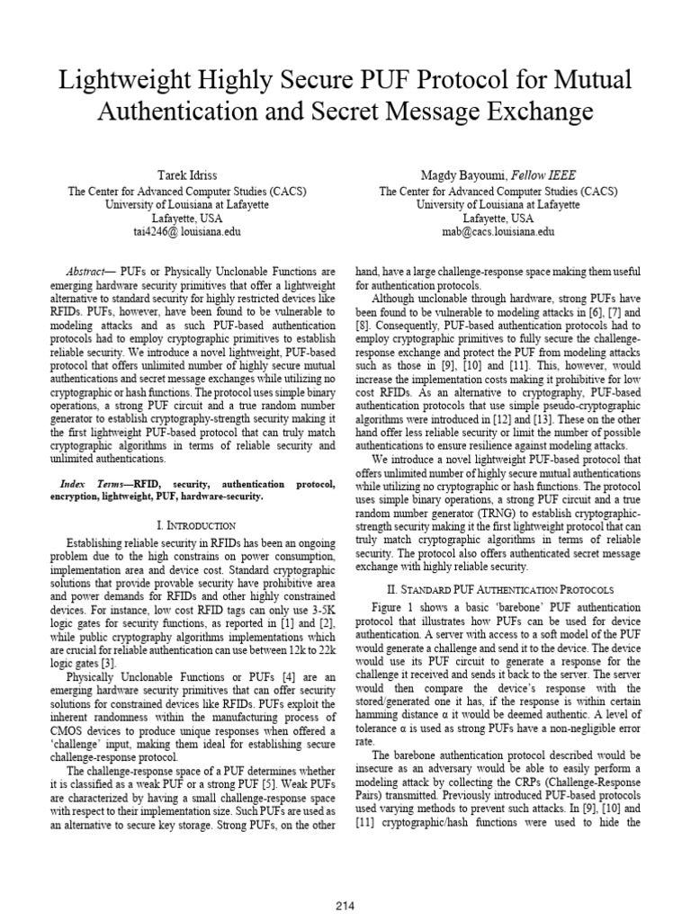 Lightweight Highly Secure PUF Protocol | PDF