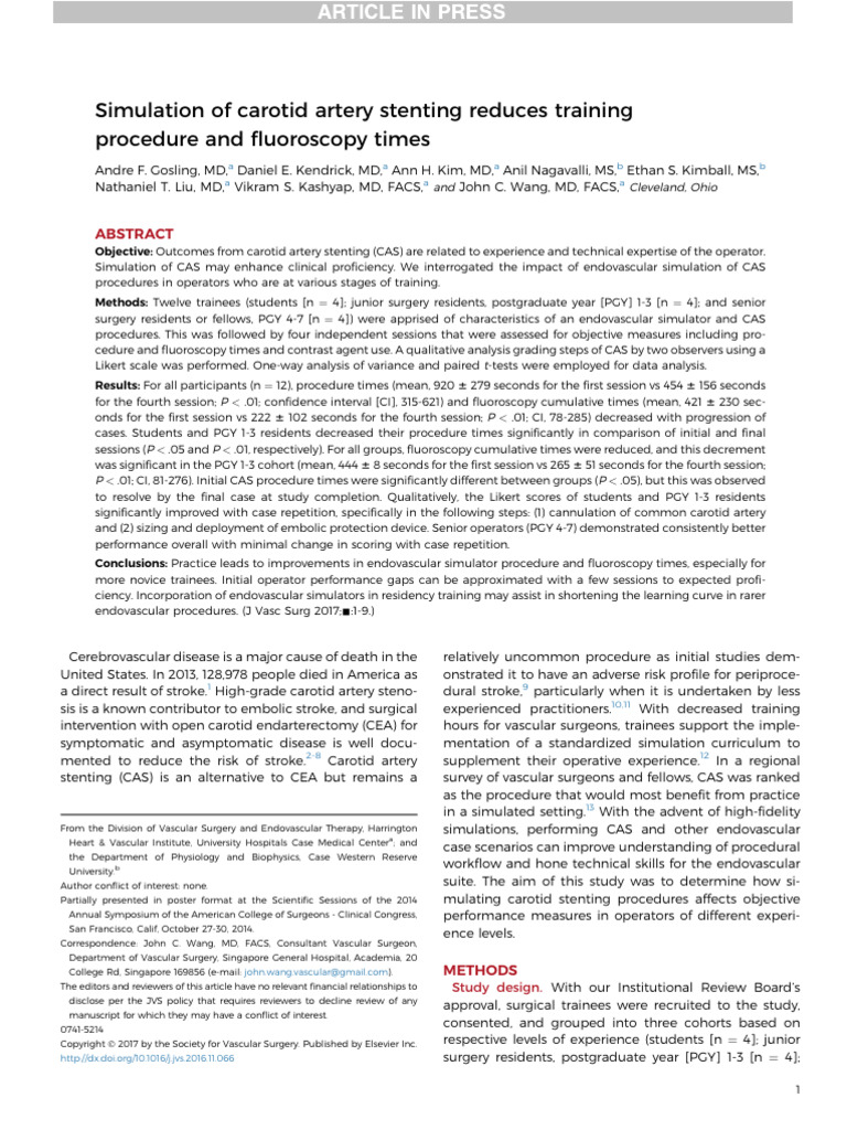 Simulation of Carotid Artery Stenting Reduces Training Procedure and ...