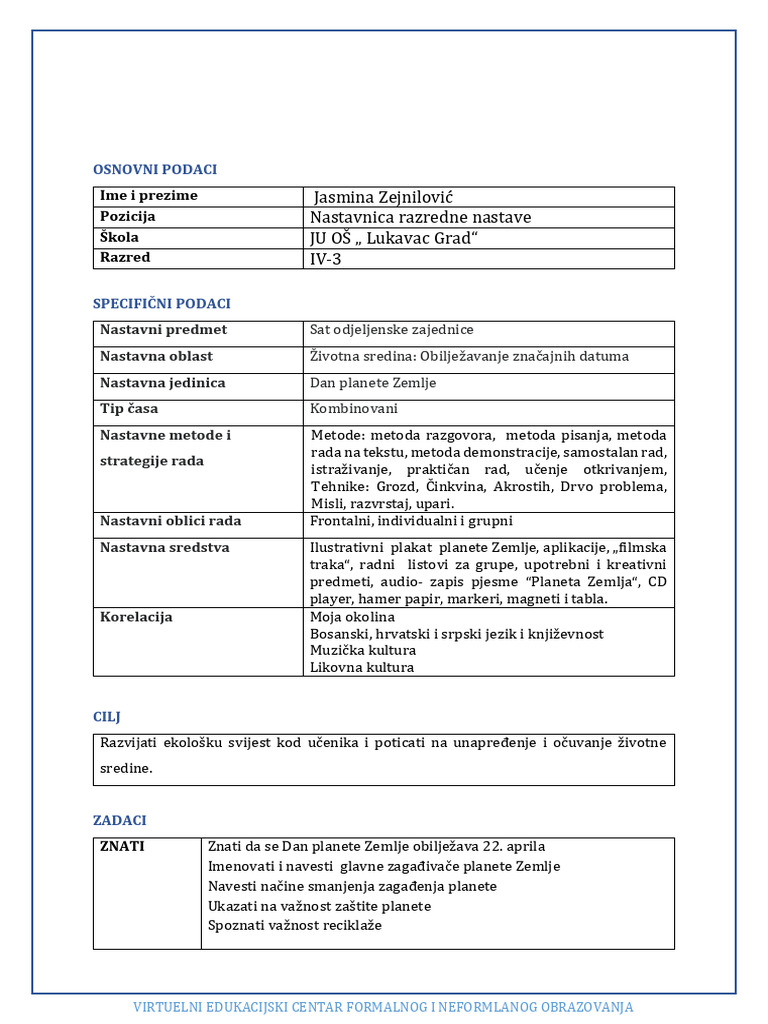 Nastavna Priprema Dan Planete Zemlje | PDF