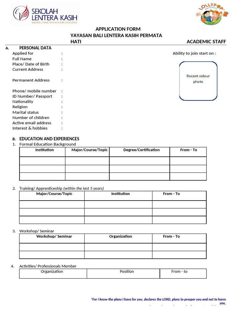 Application Form Academic Staff - Yblkph | PDF